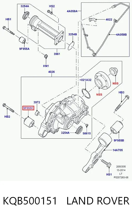Bloco silencioso (coxim) dianteiro de redutor do eixo dianteiro KQB500151 Land Rover