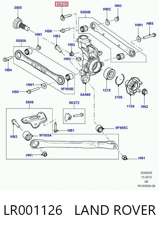 Parafuso de fixação de braço oscilante de inclinação traseiro, interno LR001126 Land Rover