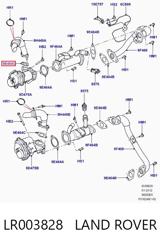 Vedante de válvula EGR de recirculação LR003828 Land Rover