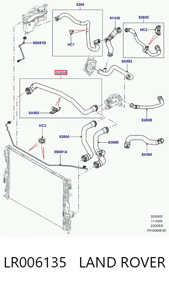 Mangueira (cano derivado) do radiador de esfriamento superior LR006135 Land Rover