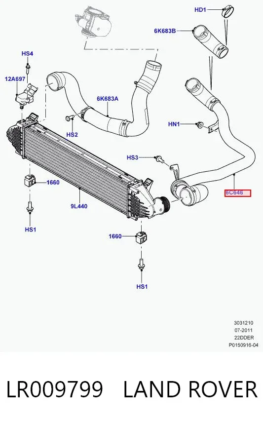 Mangueira (cano derivado) de intercooler LR009799 Land Rover