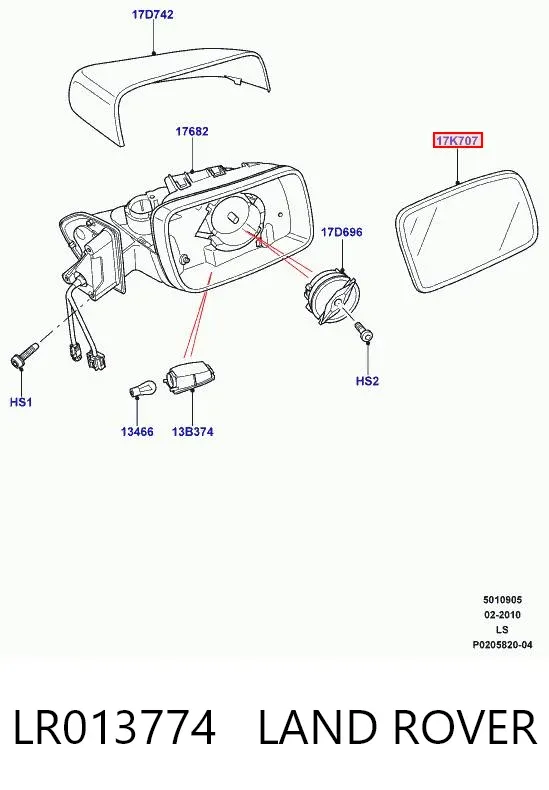Elemento espelhado do espelho de retrovisão direito LR013774 Land Rover