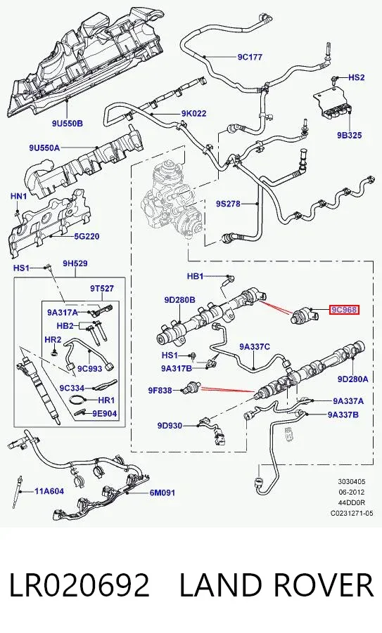 Regulador de pressão de combustível na régua de injectores LR020692 Land Rover