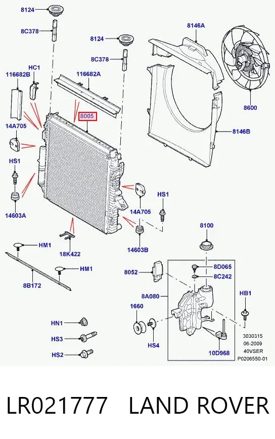 Radiador de esfriamento de motor LR021777 Land Rover