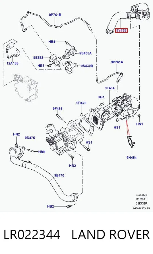 Cano derivado do sistema de recirculação dos gases de escape EGR LR022344 Land Rover