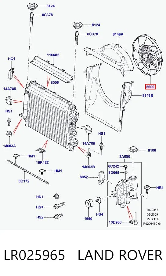 Ventilador elétrico de esfriamento montado (motor + roda de aletas) LR025965 Land Rover