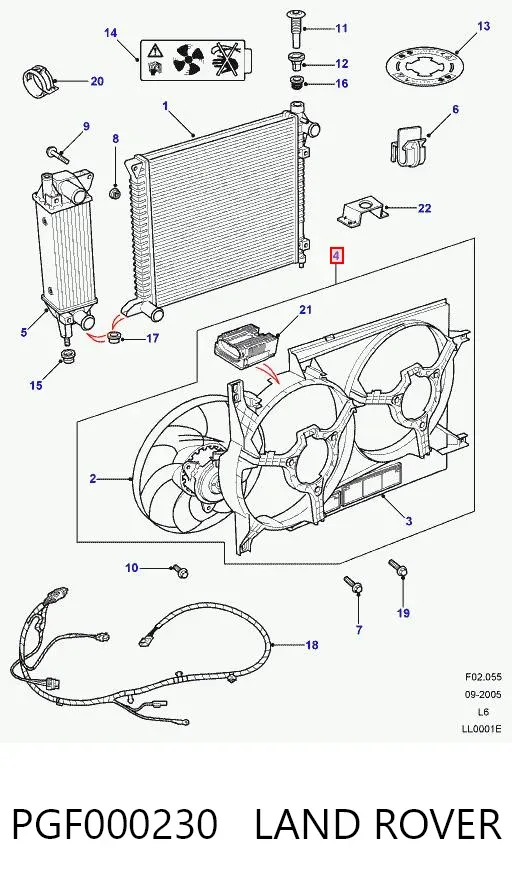 Difusor do radiador de esfriamento, montado com motor e roda de aletas PGF000230 Land Rover