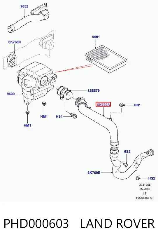 Cano derivado de ar, saída de filtro de ar PHD000603 Land Rover