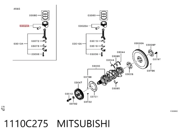 Pistão (kit para um motor), 2ª reparação ( + 0,50) 1110C275 Mitsubishi