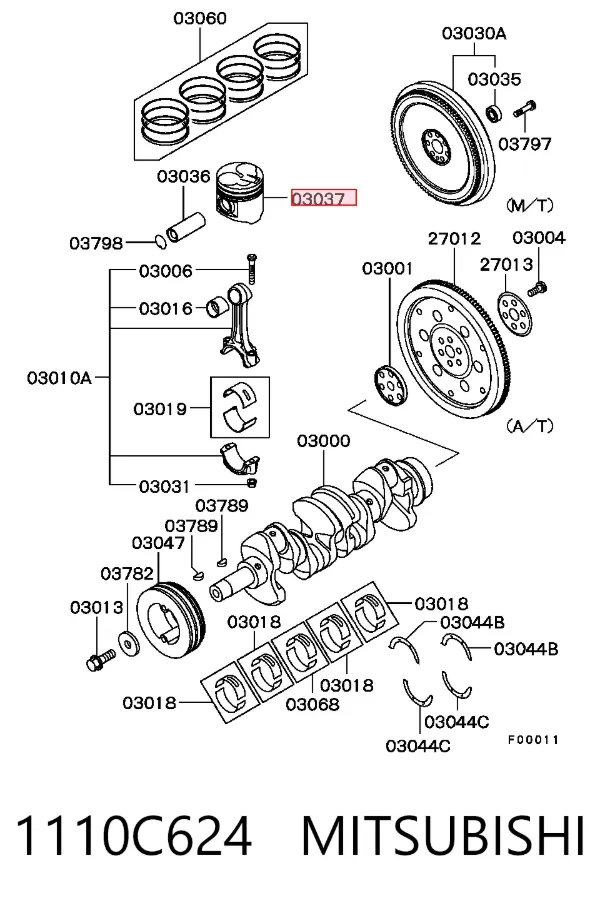 Pistão com passador sem anéis, STD 1110C624 Mitsubishi