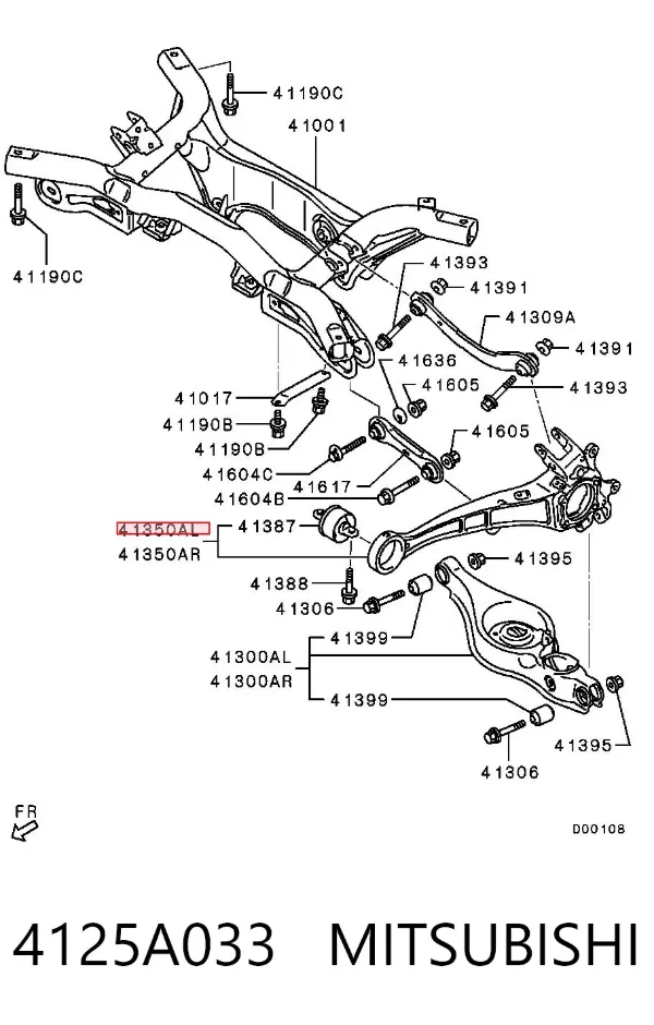 Braço oscilante (tração) longitudinal inferior esquerdo de suspensão traseira 4125A033 Mitsubishi
