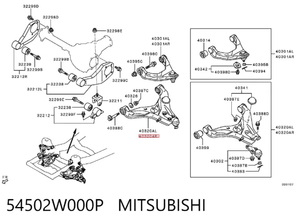Braço oscilante inferior direito de suspensão dianteira 54502W000P Mitsubishi