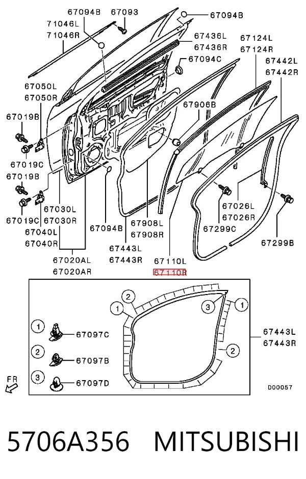 Vidro da porta dianteira direita 5706A356 Mitsubishi