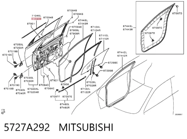 Moldura de vidro deslizante da porta dianteira direita 5727A292 Mitsubishi