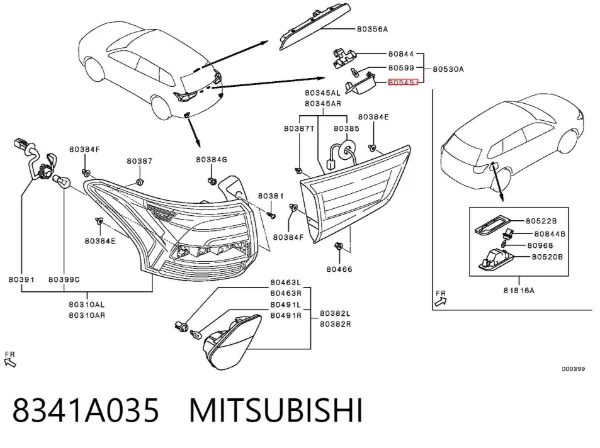 Lanterna da luz de fundo de matrícula traseira 8341A035 Mitsubishi