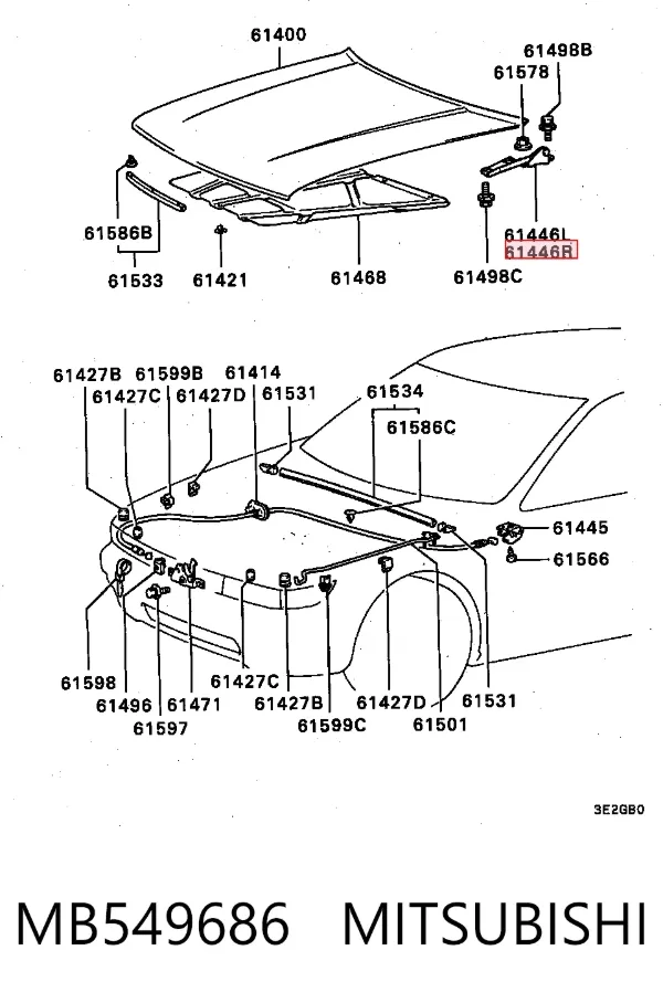Gozno da capota direito MB549686 Mitsubishi