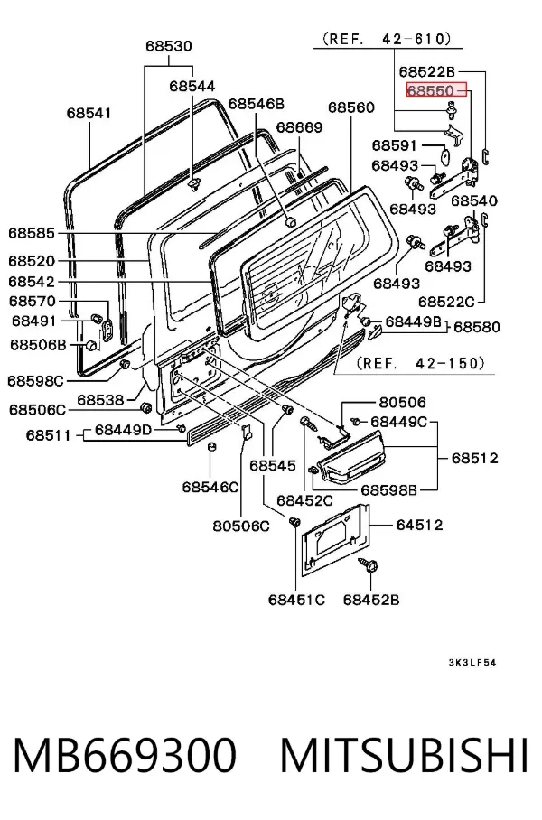 Gozno direito superior da porta traseira (batente) MB669300 Mitsubishi