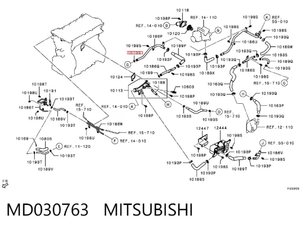 Anel de vedação de cano derivado do radiador MD030763 Mitsubishi