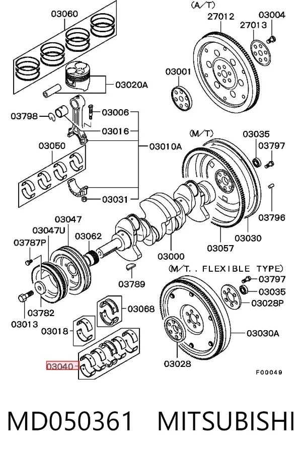 Folhas inseridas principais de cambota, kit, 1ª reparação ( + 0,25) MD050361 Mitsubishi