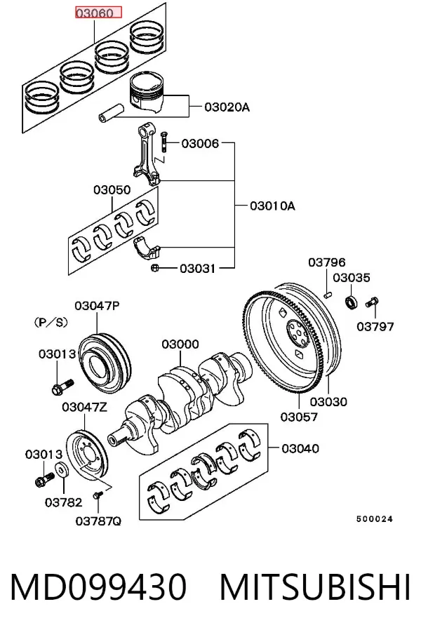 Kit de anéis de pistão de motor, 2ª reparação ( + 0,50) MD099430 Mitsubishi