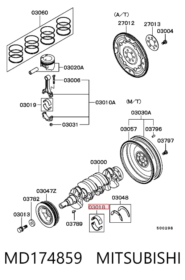 Folhas inseridas principais de cambota, kit, 2ª reparação ( + 0,50) MD174859 Mitsubishi