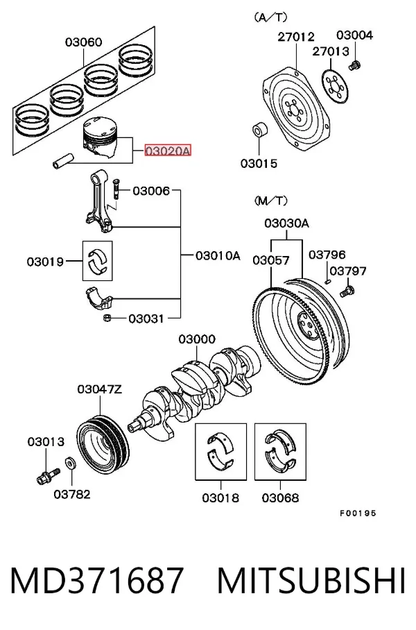 Pistão com passador sem anéis, STD MD371687 Mitsubishi
