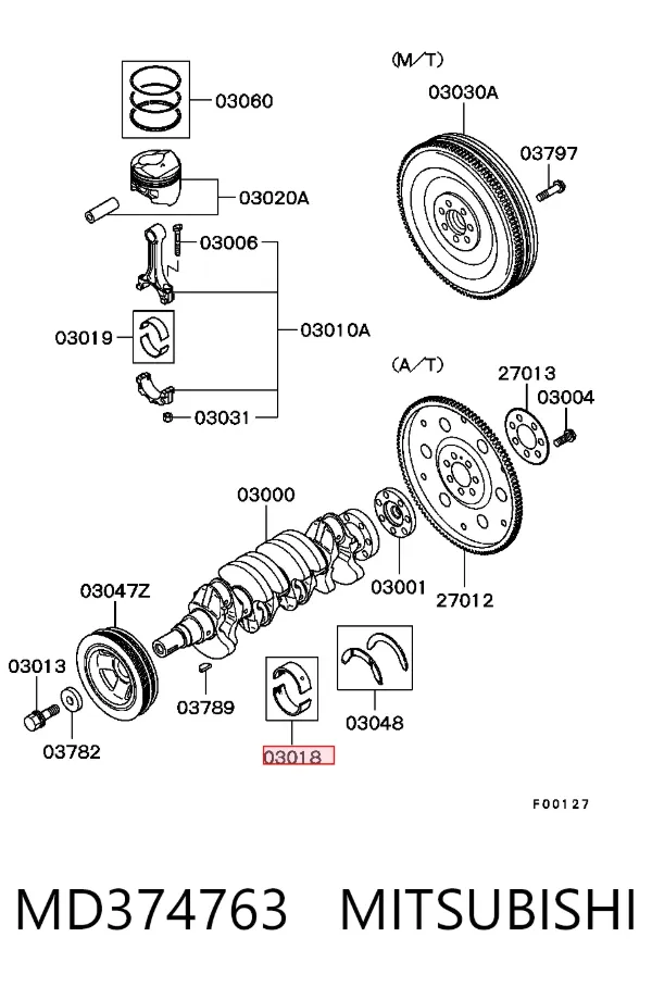 Folhas inseridas principais de cambota, kit, 2ª reparação ( + 0,50) MD374763 Mitsubishi
