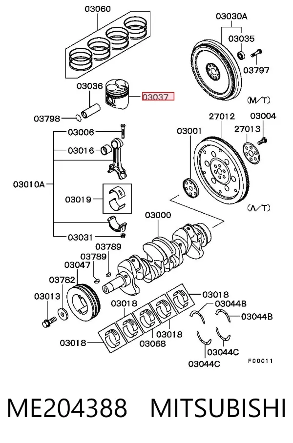 Pistão com passador sem anéis, STD ME204388 Mitsubishi