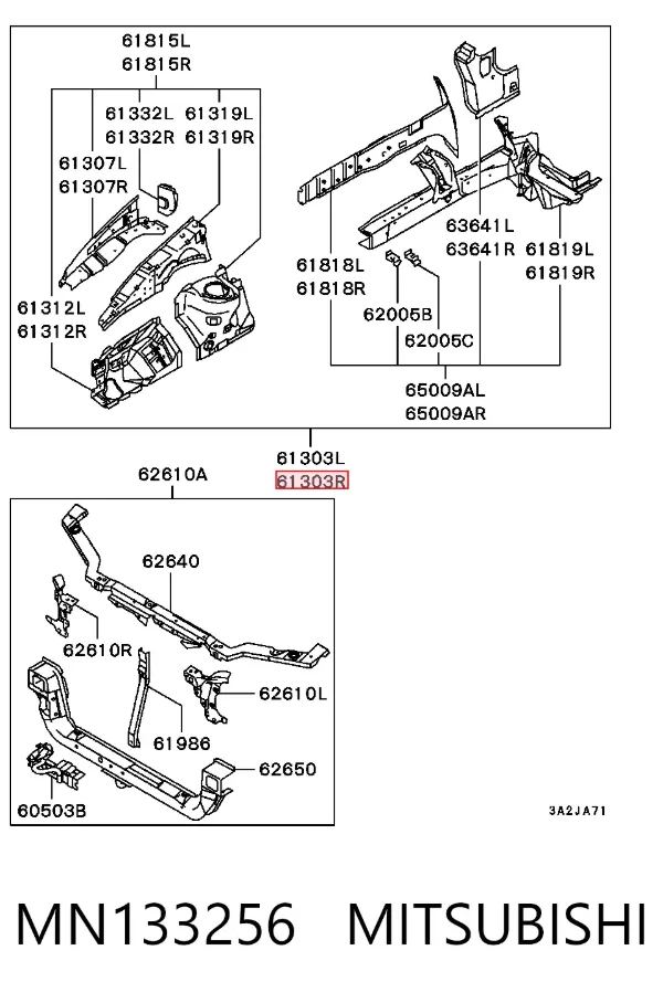 Longarina de chassi dianteira direita MN133256 Mitsubishi