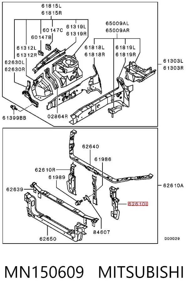 Suporte esquerdo do radiador (painel de montagem de fixação das luzes) MN150609 Mitsubishi