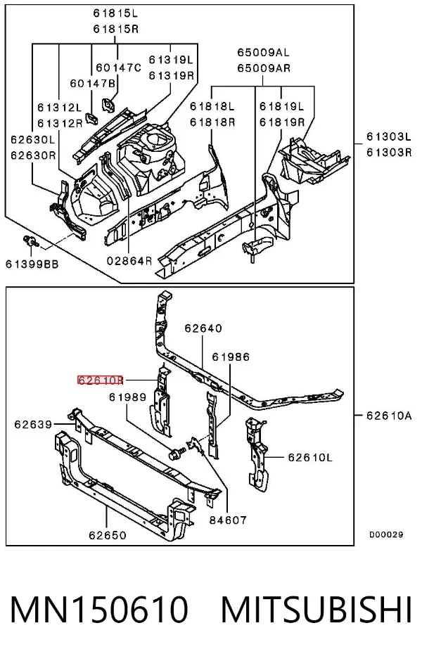 Suporte direito do radiador (painel de montagem de fixação das luzes) MN150610 Mitsubishi