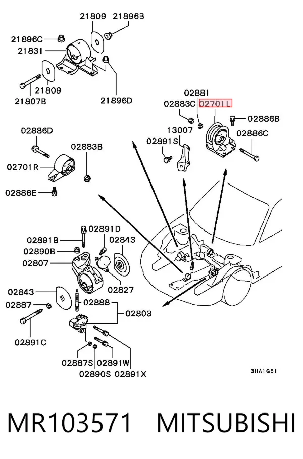 Coxim (suporte) traseiro de motor MR103571 Mitsubishi