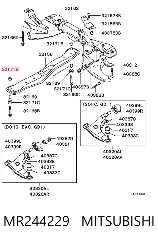 Bloco silencioso (coxim) de viga dianteira (de plataforma veicular) MR244229 Mitsubishi