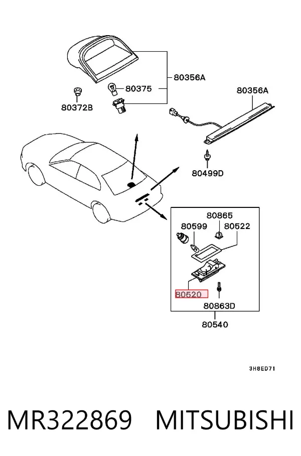 Lanterna da luz de fundo de matrícula traseira MR322869 Mitsubishi