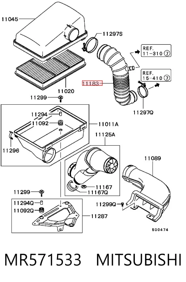 Cano derivado de ar, saída de filtro de ar MR571533 Mitsubishi