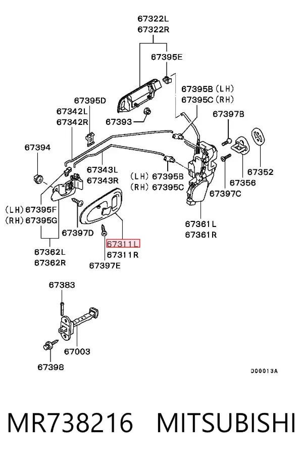 Maçaneta interna dianteira/traseira da porta esquerda MR738216 Mitsubishi