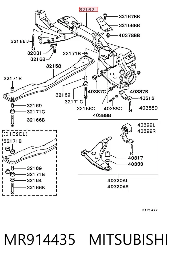 Viga de suspensão dianteira (plataforma veicular) MR914435 Mitsubishi
