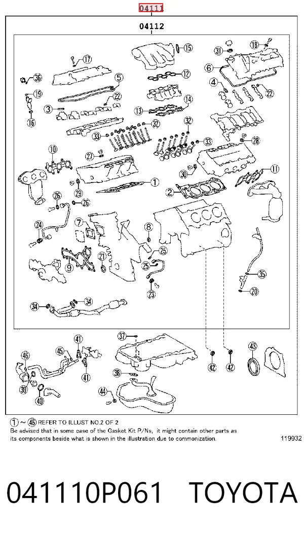 Kit de vedantes de motor completo 041110P061 Toyota