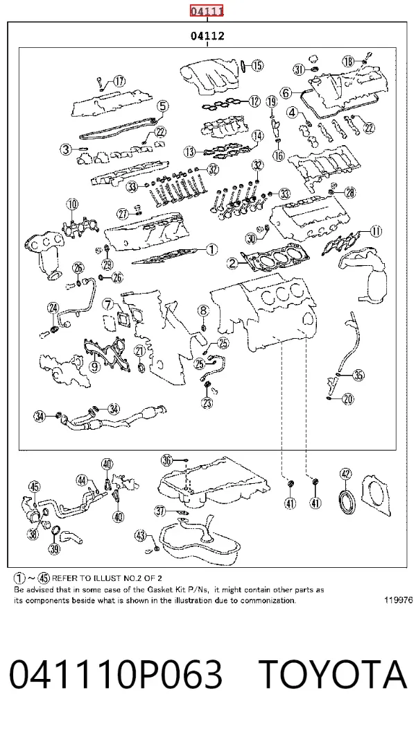 Kit de vedantes de motor completo 041110P063 Toyota