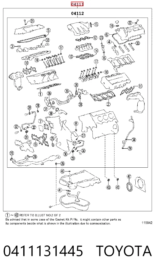 Kit de vedantes de motor completo 0411131445 Toyota