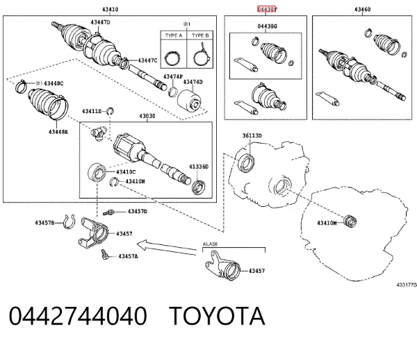 Bota de proteção externa direita de junta homocinética 0442744040 Toyota