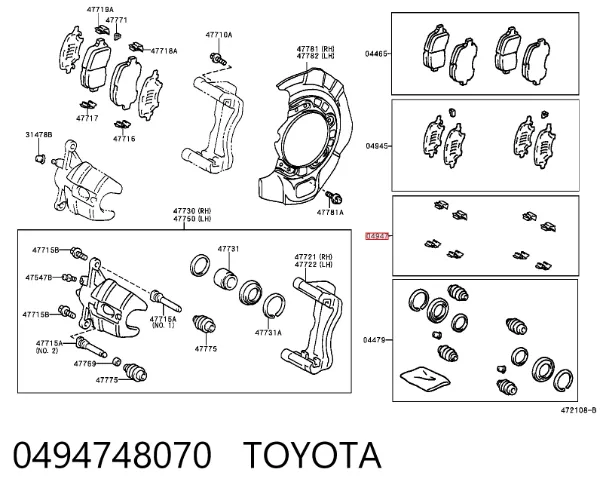 Kit de molas de fixação de sapatas de disco dianteiras 0494748070 Toyota