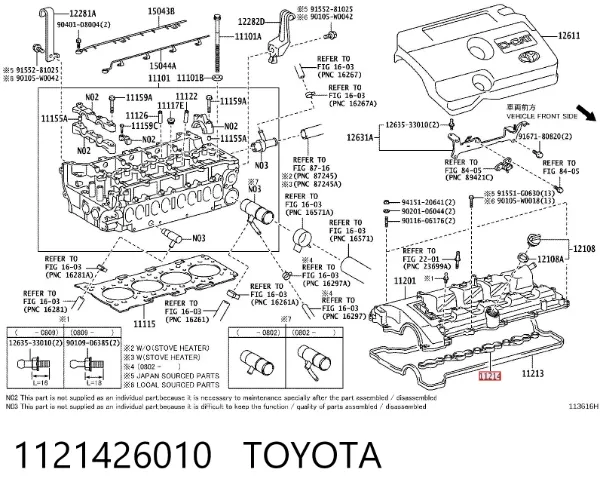 Vedante da tampa de válvulas de motor, kit 1121426010 Toyota