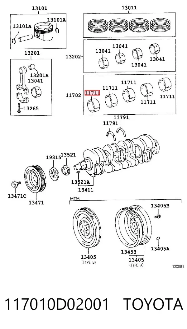 Folhas inseridas principais de cambota, kit, padrão (STD) 117010D02001 Toyota