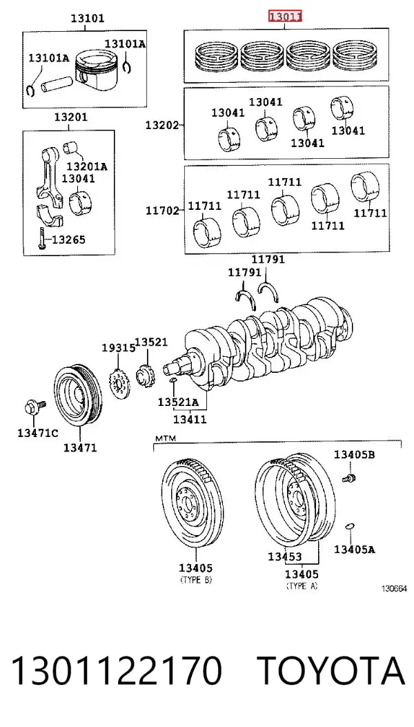 Kit de anéis de pistão de motor, STD. 1301122170 Toyota