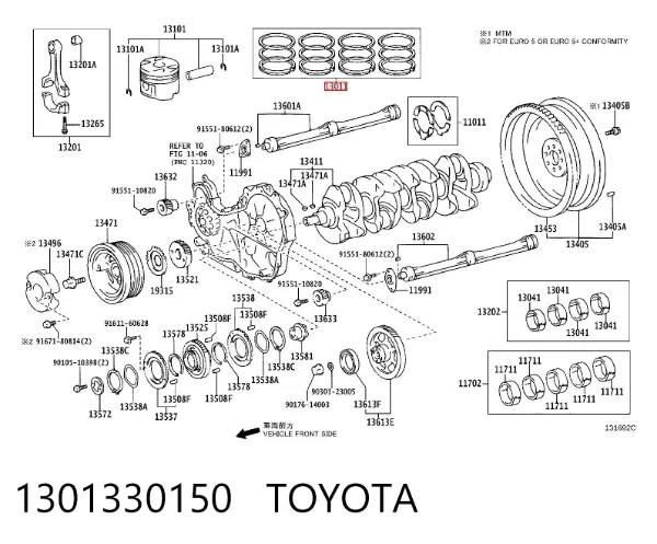 Kit de anéis de pistão de motor, 2ª reparação ( + 0,50) 1301330150 Toyota