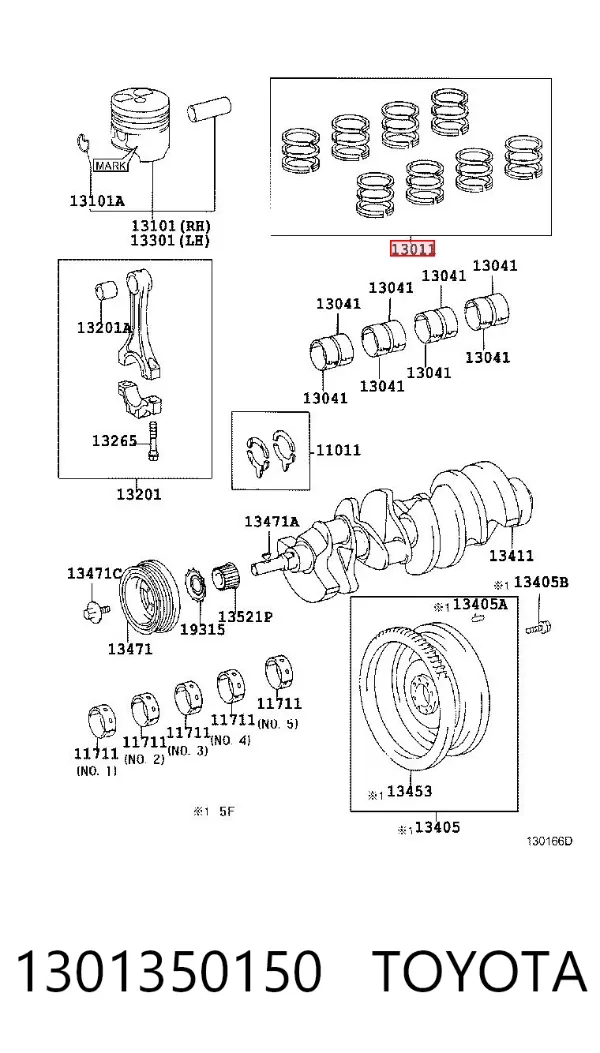 Kit de anéis de pistão de motor, 2ª reparação ( + 0,50) 1301350150 Toyota