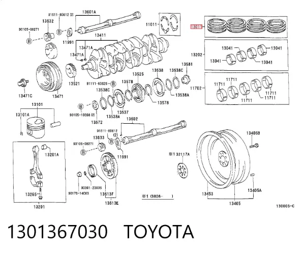 Kit de anéis de pistão de motor, 2ª reparação ( + 0,50) 1301367030 Toyota
