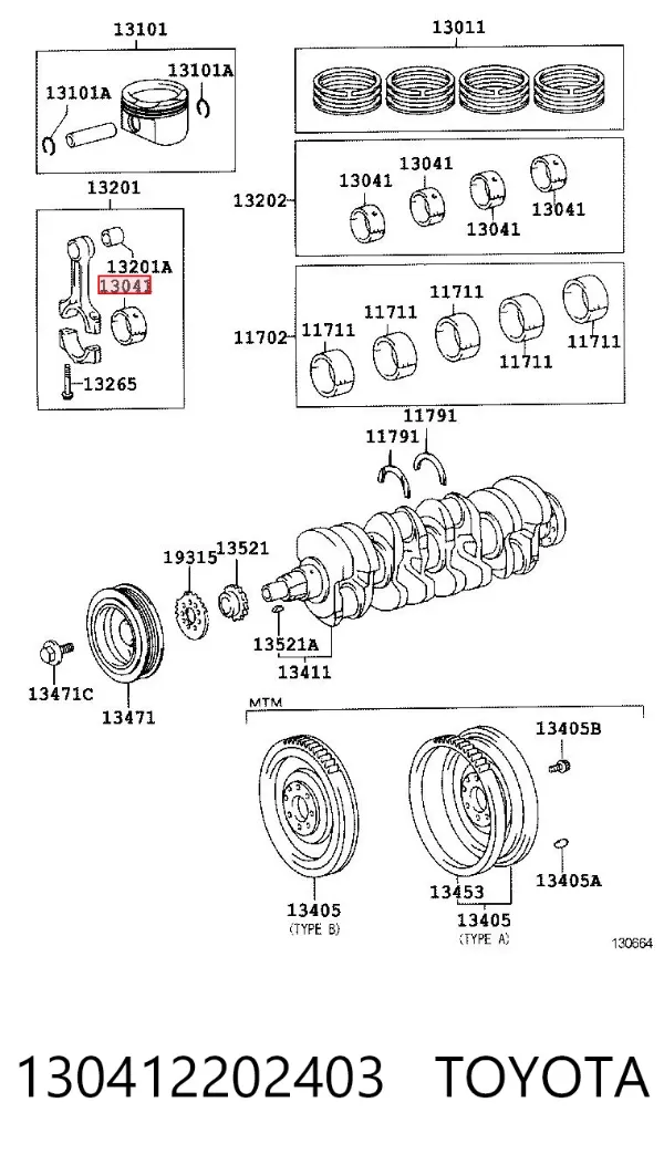 Folhas inseridas principais de cambota, kit, 1ª reparação ( + 0,25) 130412202403 Toyota