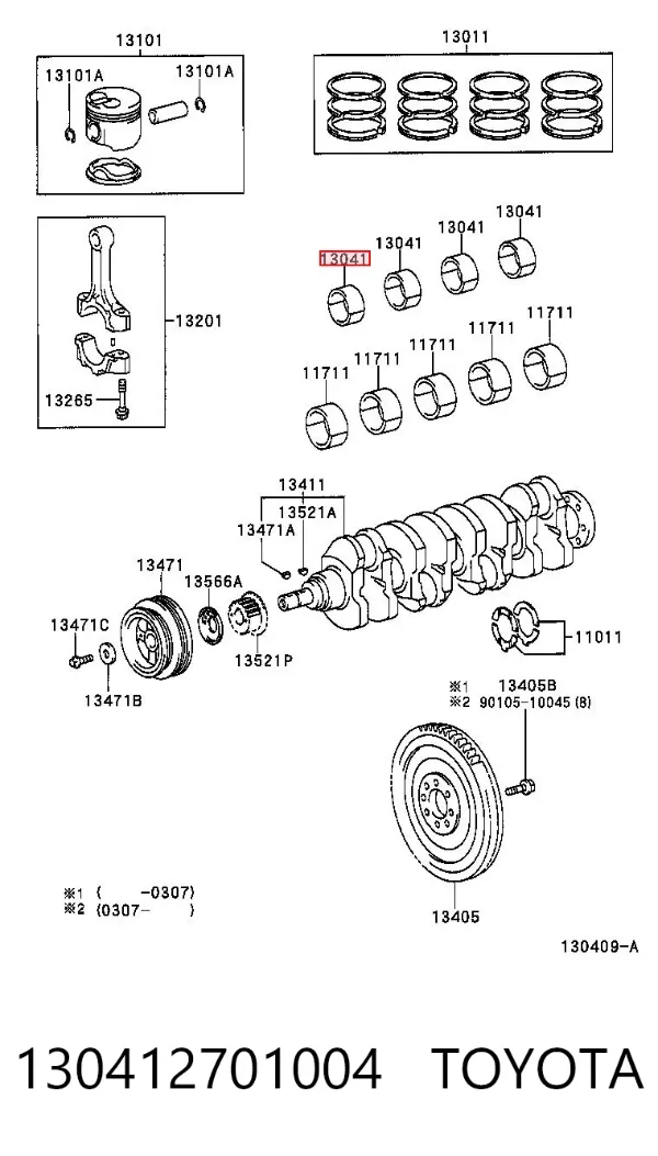 Folhas inseridas principais de cambota, kit, 1ª reparação ( + 0,25) 130412701004 Toyota